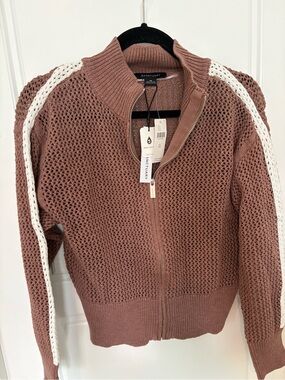 Anthropologie Open-Knit Zip Cardigan in Dusty Rose with White Stripe